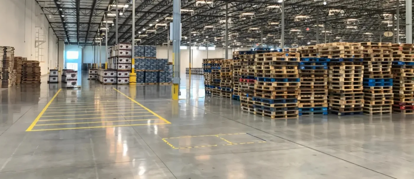 Warehouse floor with yellow safety line striping marking walkways and lanes